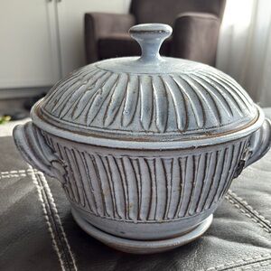 Coburn Blue Gray Handcrafted Pottery Covered Casserole Steamer Bundt Cake Dish